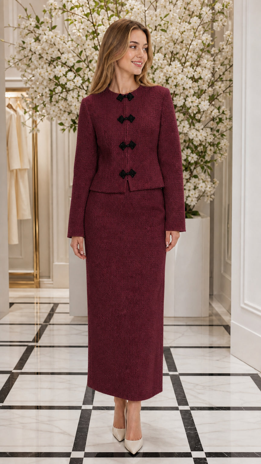 Front full view of woman wearing Burgundy textured two-piece skirt set