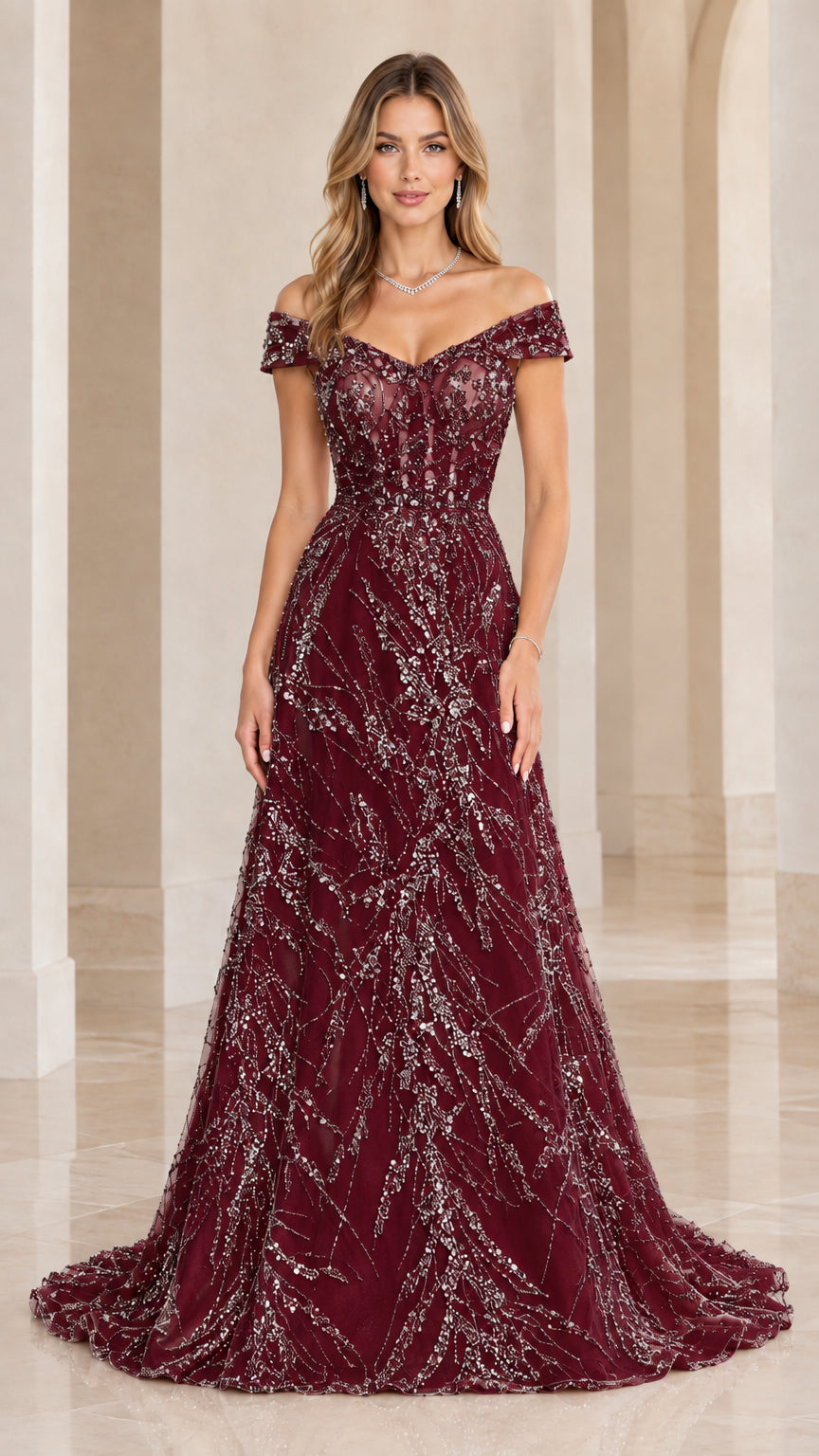 Front view of burgundy red off-the-shoulder beaded formal ball gown