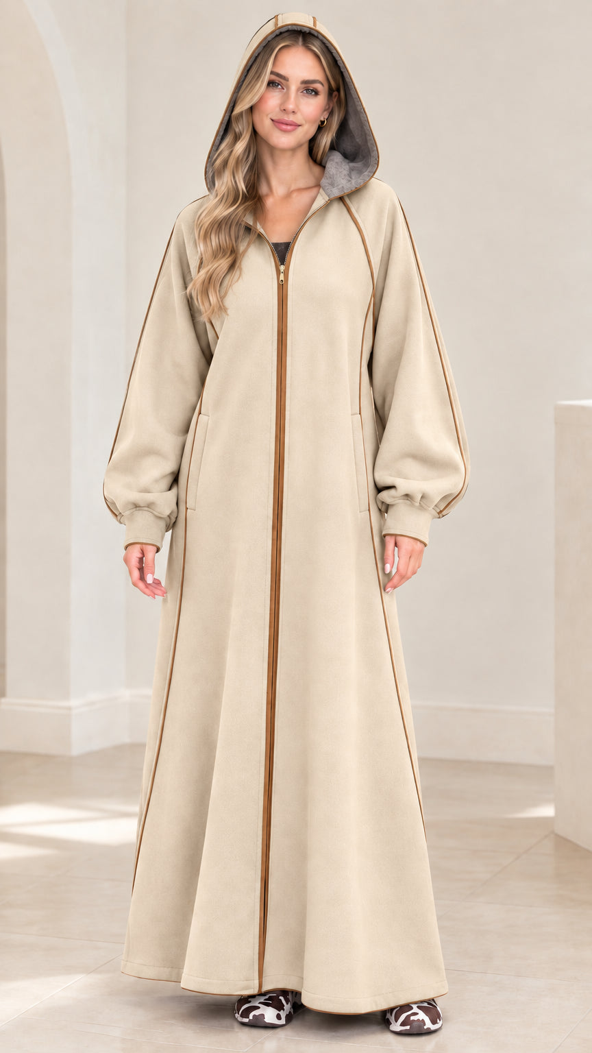 Women's hooded full-zip maxi robe coat in light beige oatmeal