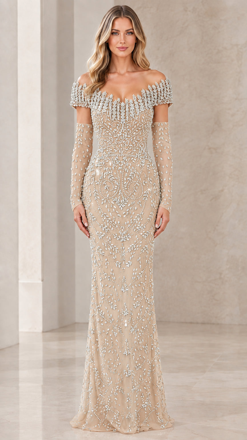 Champagne beige off-the-shoulder beaded mermaid gown with matching gloves
