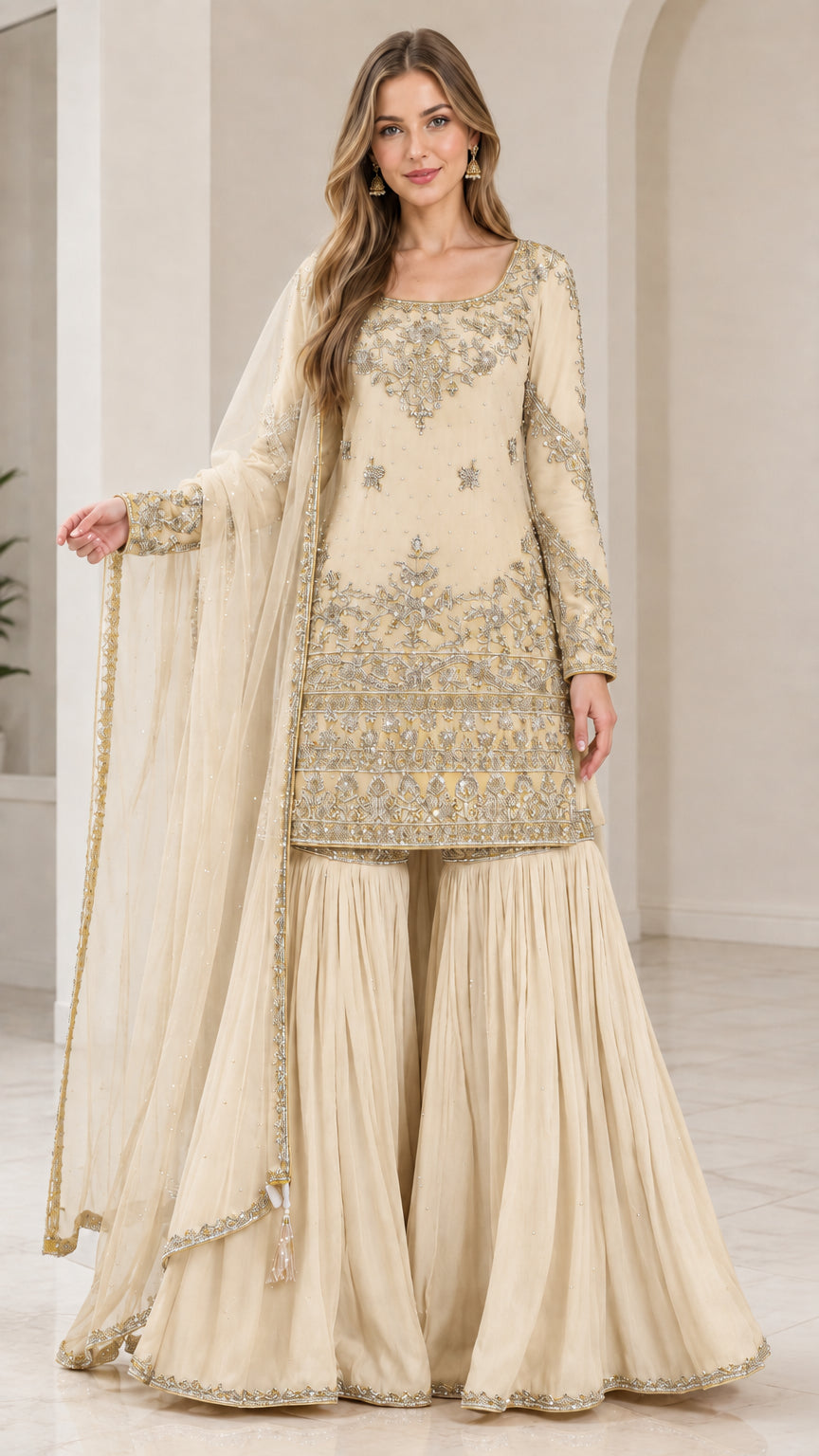 Full-length view of woman wearing Cream off-white embroidered sharara suit set