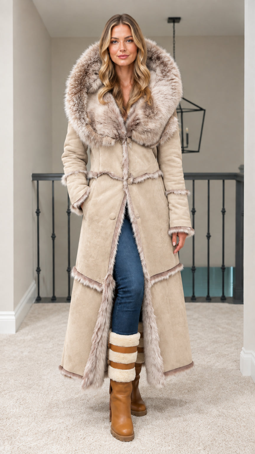 Full length beige hooded faux suede maxi coat with plush faux fur hood