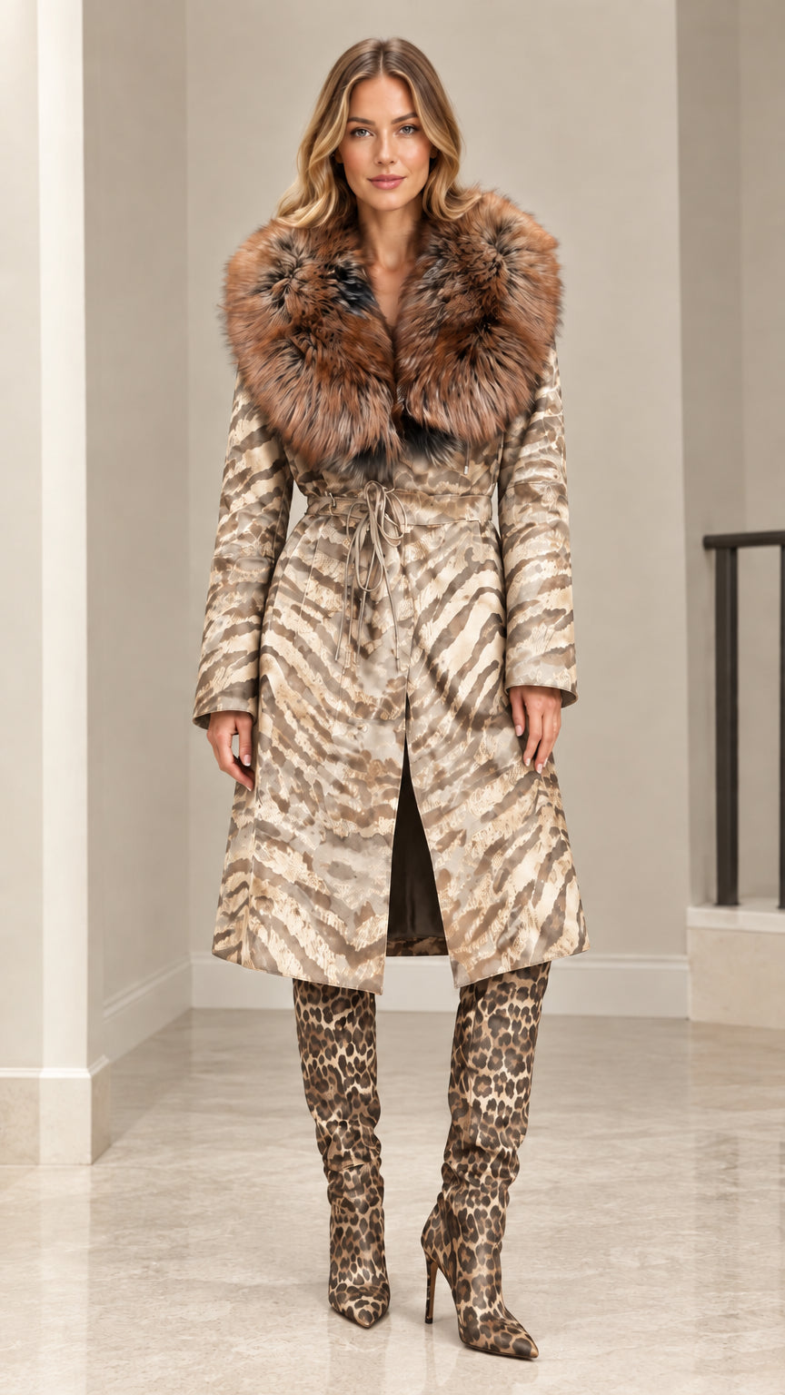 Model wearing Champagne Beige animal print belted long coat with faux fur collar