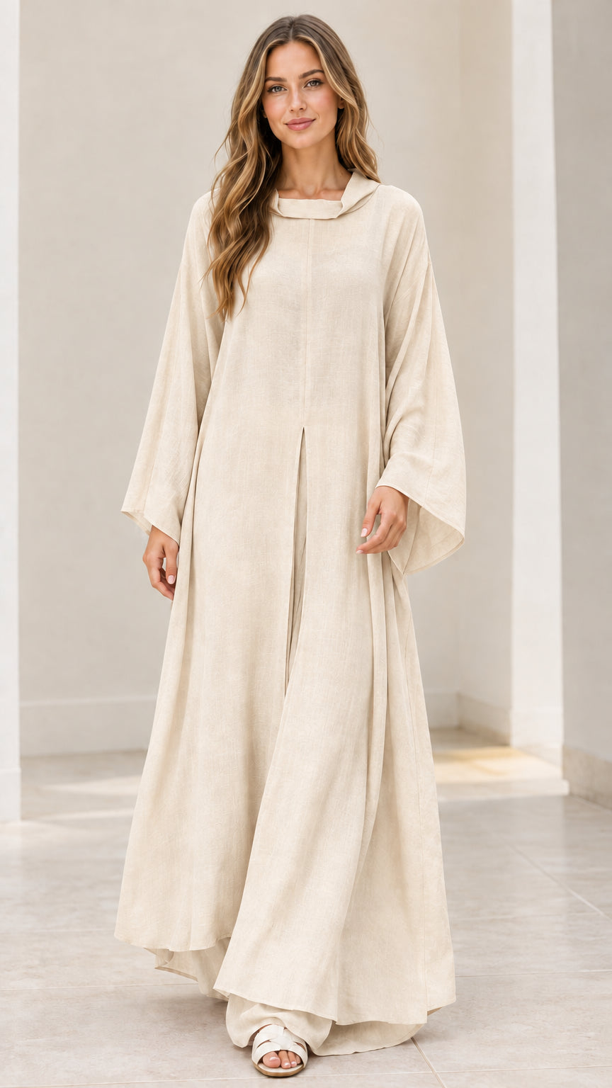 Front full view of model wearing cream beige elegant maxi kaftan dress