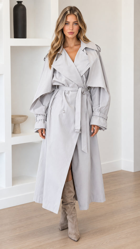 Front view of woman wearing Light Grey oversized maxi belted trench coat