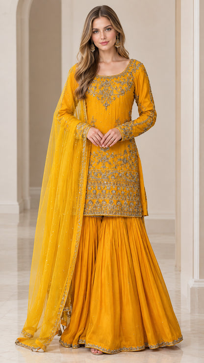Mustard Yellow embroidered kurti with matching flared sharara pants and dupatta full front view