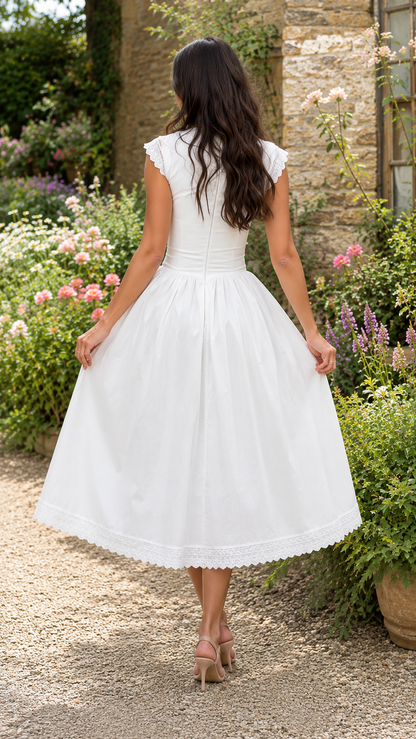 Back view of white scalloped square neck midi fit and flare dress with full skirt