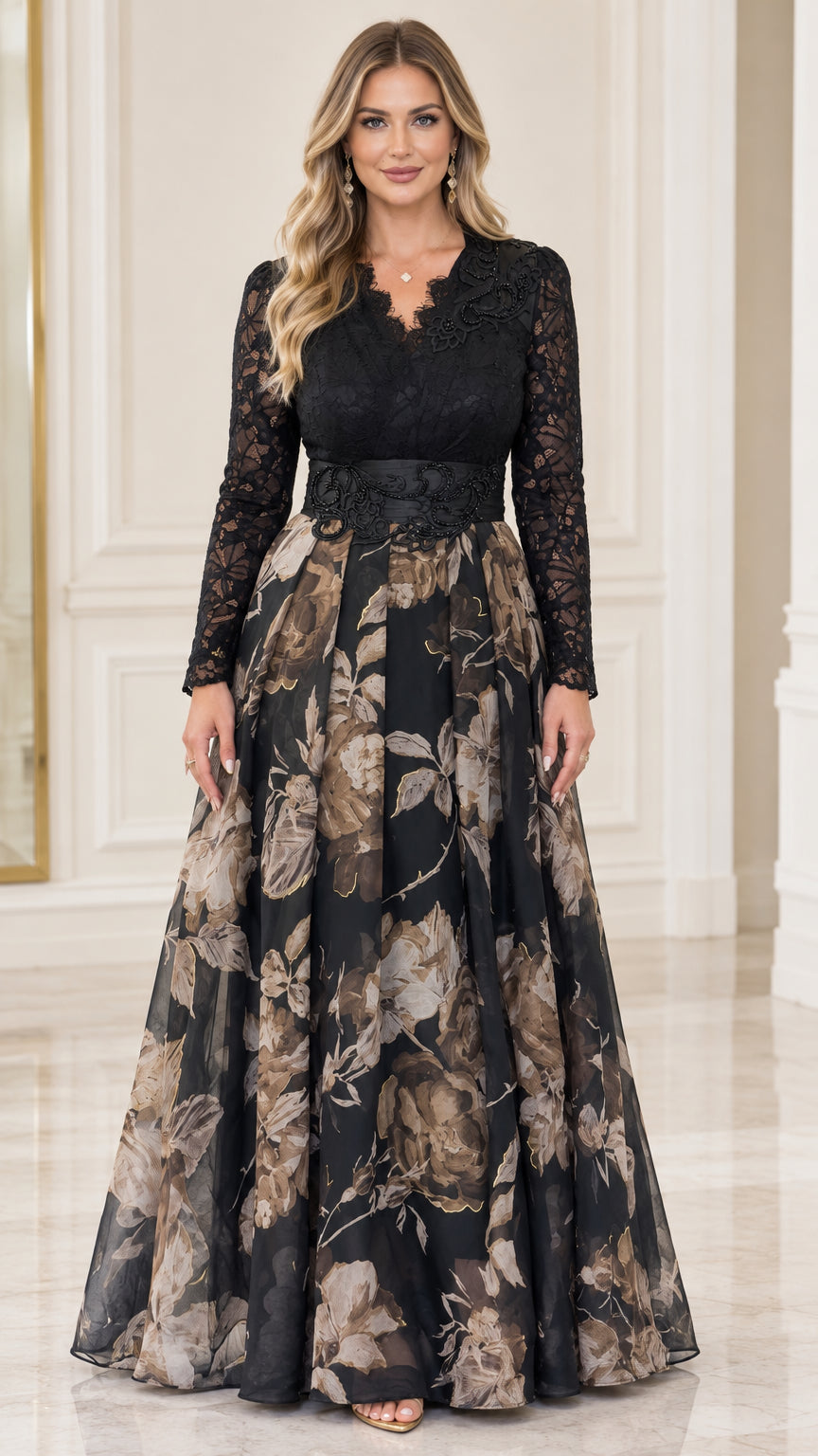 Front view of black long sleeve lace bodice evening gown with floral A-line skirt
