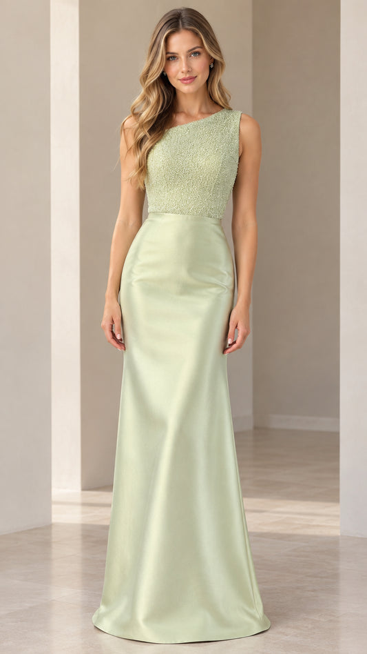 Front view of model wearing Sage Green one-shoulder beaded bodice satin evening gown