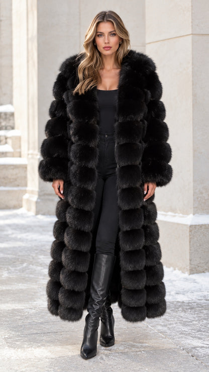 Front view of model wearing black maxi tiered faux fur coat with boots