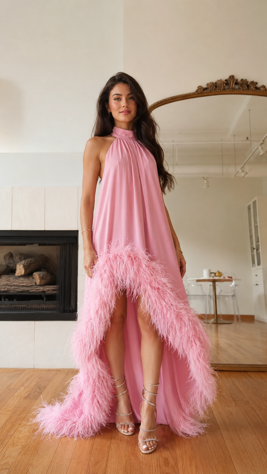 Pink halter high-low maxi dress with feather trim front view