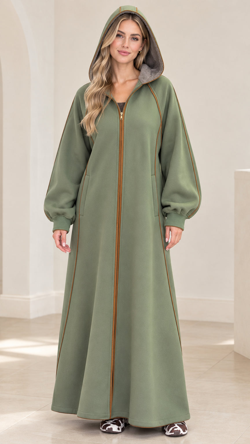 Women's hooded full-zip maxi loungewear coat in sage green front view