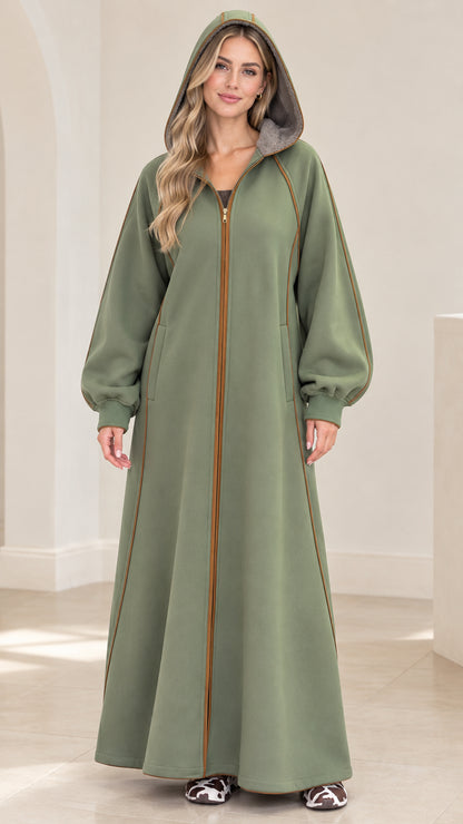 Women's hooded full-zip maxi loungewear coat in sage green front view