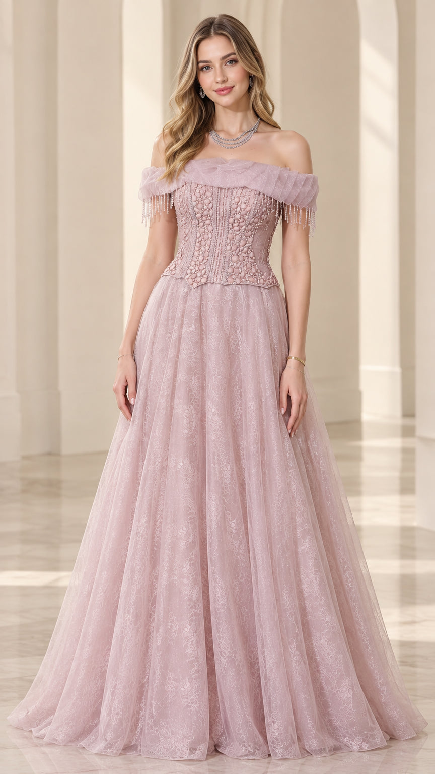 Dusty rose off-the-shoulder beaded corset evening gown with lace skirt front view