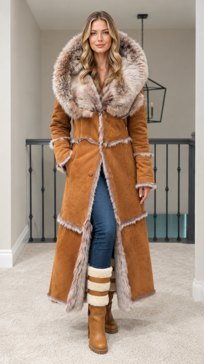 Front full view of woman wearing long camel faux suede coat with faux fur hood