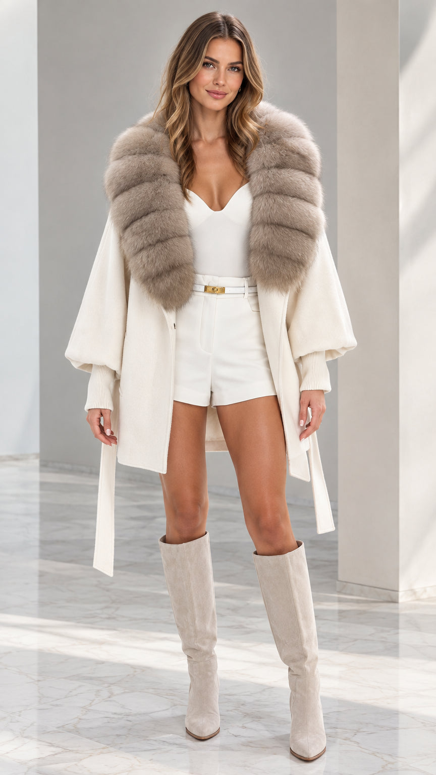 Front full view of woman wearing Cream belted cape coat with plush faux fur collar and knee-high boots