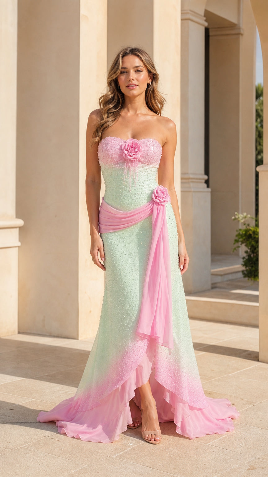 Front full-length view of model wearing mint green and pink ombré strapless sequin gown with 3D floral corsage