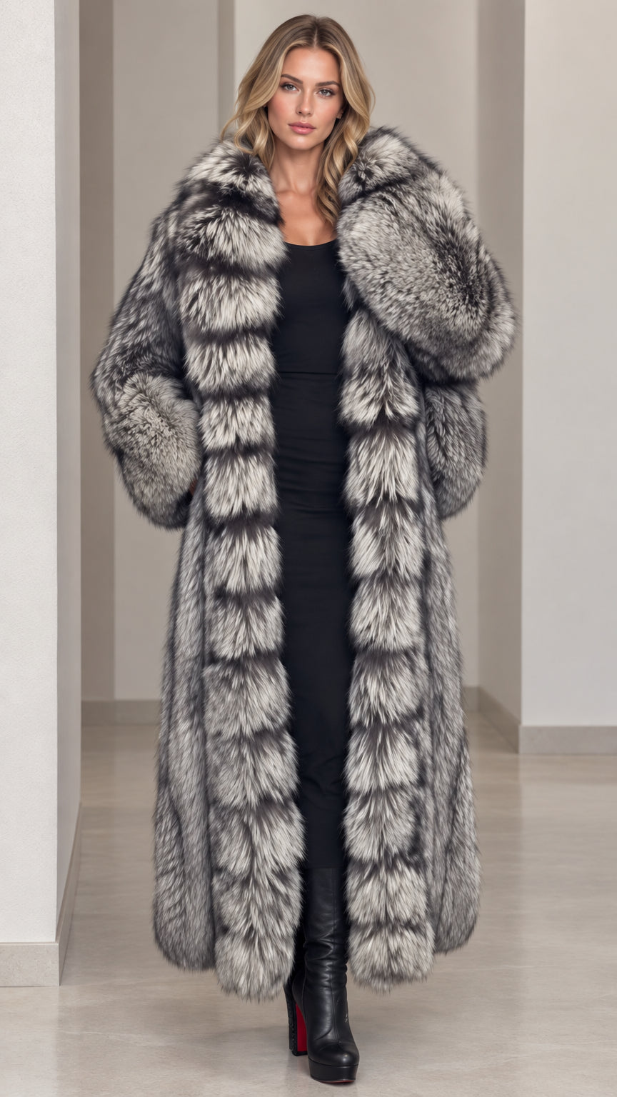 Front view of model wearing full-length silver grey faux fur maxi coat