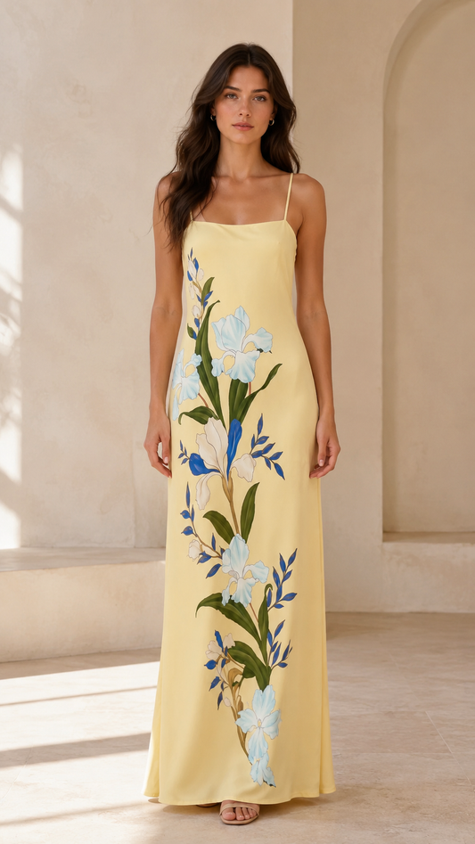 Front view of butter yellow floral print satin-look slip maxi dress