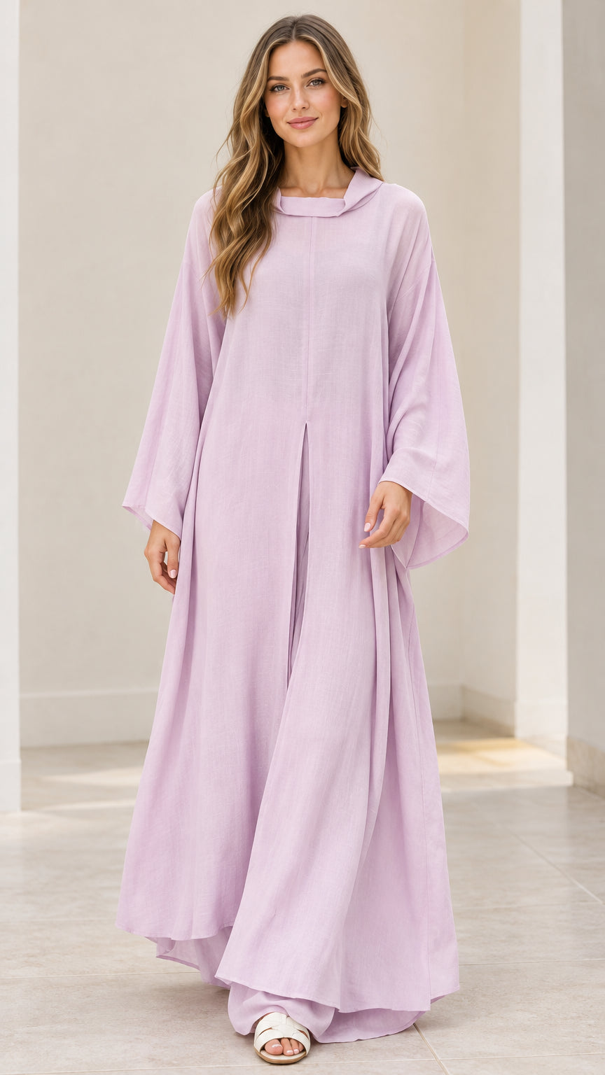 Full front view of model wearing lilac flowy maxi kaftan dress with wide sleeves