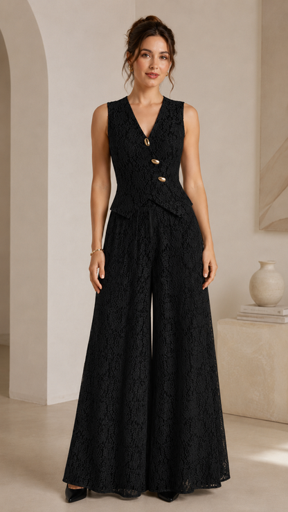 Black sleeveless lace wide leg jumpsuit with V-neck and button front
