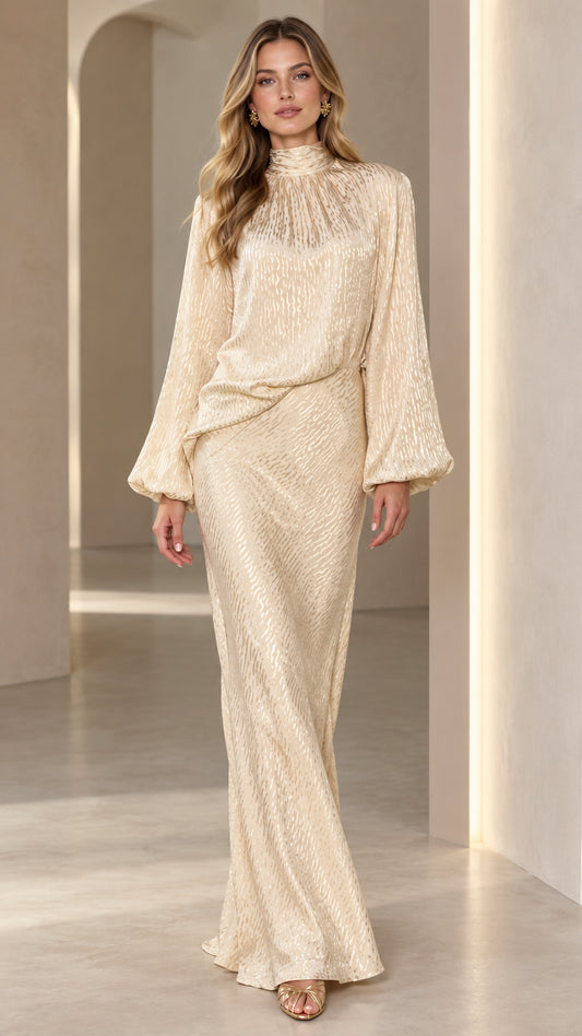Front view of Champagne high neck textured long sleeve maxi dress