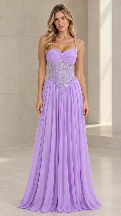 Front view of model wearing Lilac sweetheart beaded corset pleated chiffon maxi dress