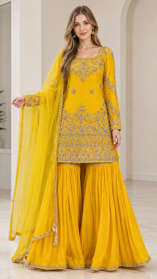 Front view of woman wearing Mustard Yellow embroidered kurti with flared sharara pants and dupatta