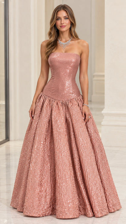 Front view of model wearing Rose Gold strapless drop-waist shimmering evening ball gown