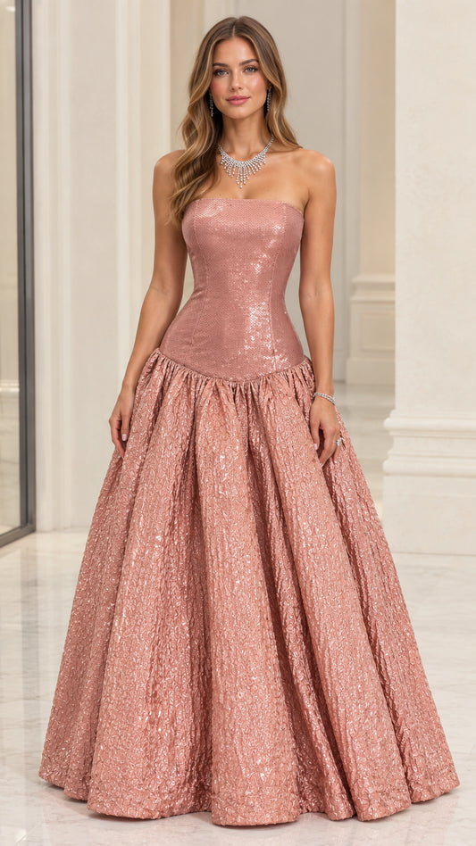 Front view of model wearing Rose Gold strapless drop-waist shimmering evening ball gown