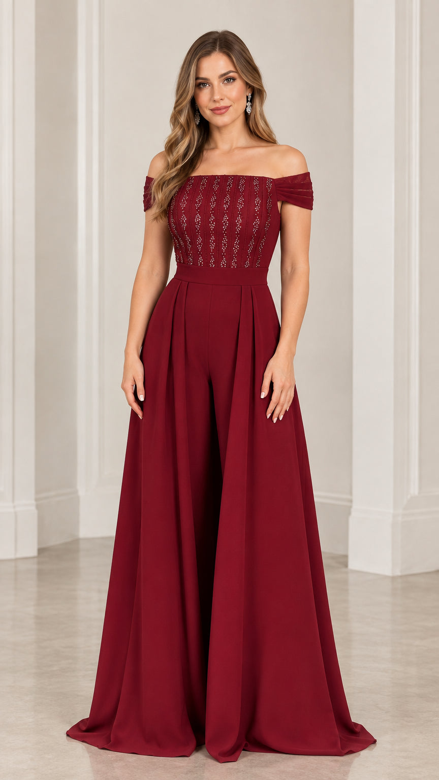 Front view of burgundy off-the-shoulder embellished wide-leg formal jumpsuit