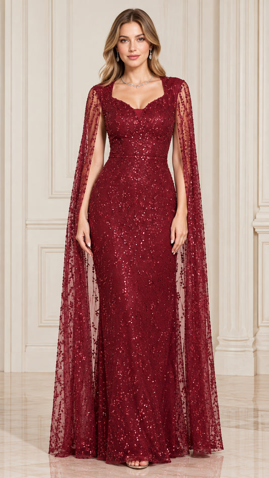 Front view of burgundy sequined cape sleeve floor-length evening gown
