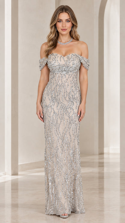 Front view of champagne off-the-shoulder sequin evening maxi gown