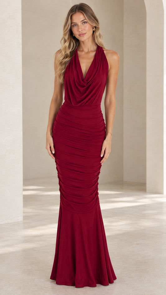 Front view of model wearing burgundy cowl neck ruched halter mermaid maxi dress