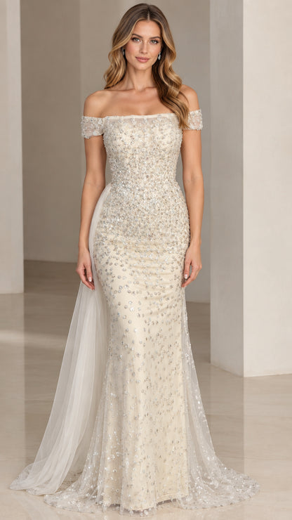Front view of model wearing ivory off-the-shoulder sequin mermaid evening gown with tulle train