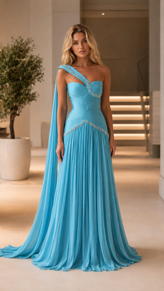 Sky blue one-shoulder pleated evening gown with beaded trim and long draped shoulder detail front view