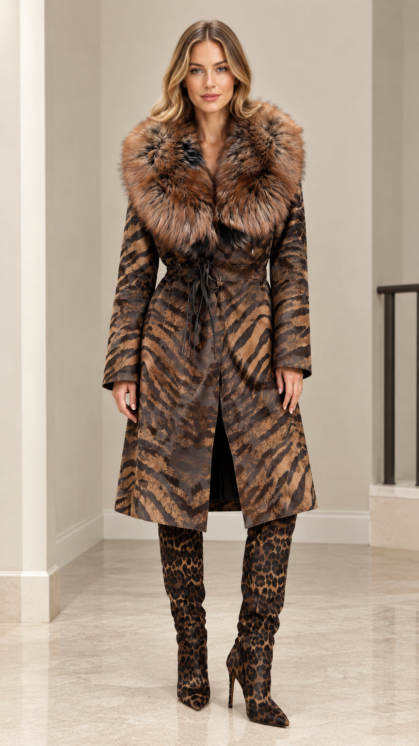 Front full-length view of model wearing Cognac Brown animal print long coat with faux fur collar