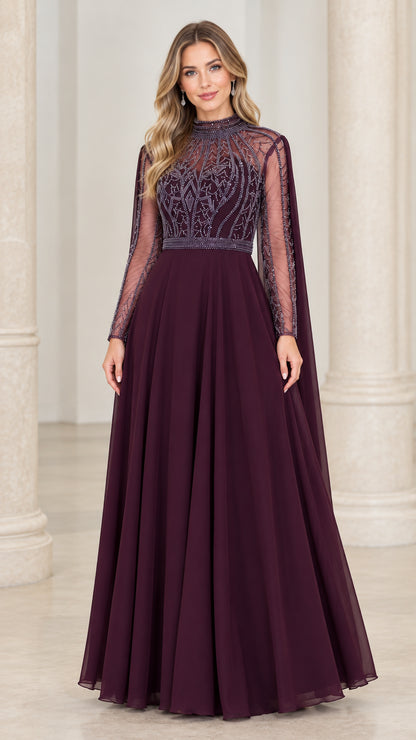 Front full-length view of plum high-neck beaded illusion long sleeve formal evening gown