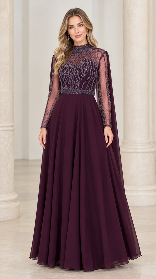 Front full-length view of plum high-neck beaded illusion long sleeve formal evening gown