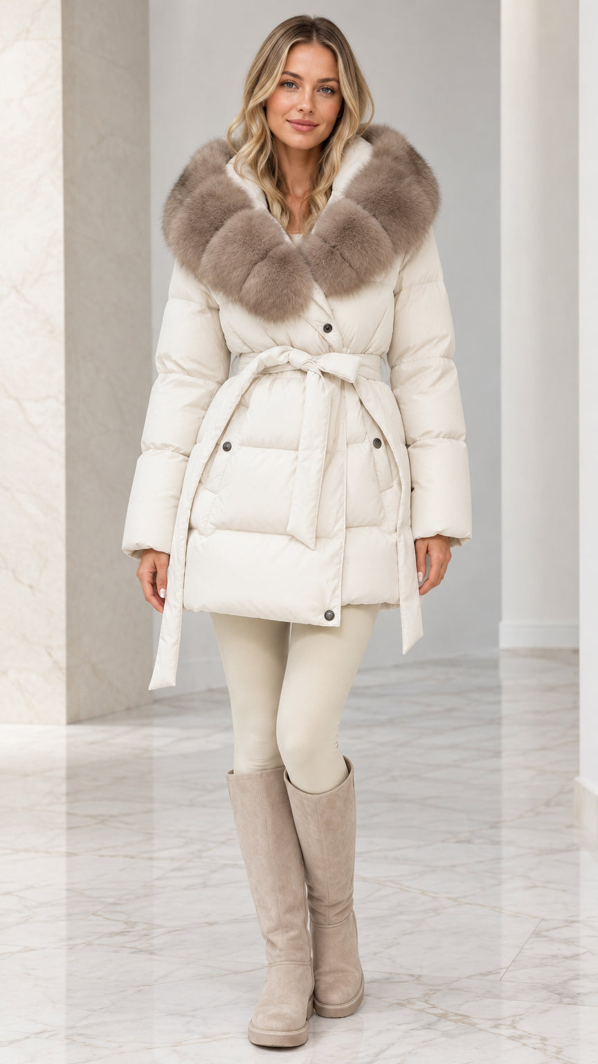 Front view of model wearing Off-White belted quilted puffer coat with plush faux fur hood