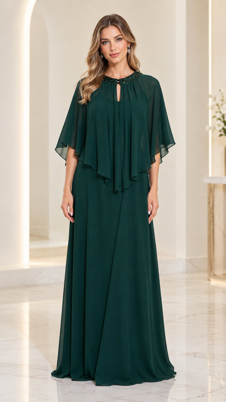 Front view of dark green chiffon capelet maxi dress with embellished neckline