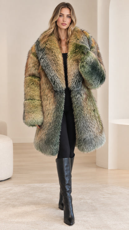 Front view of an olive multi plush faux-fur-look women's coat with a wide collar