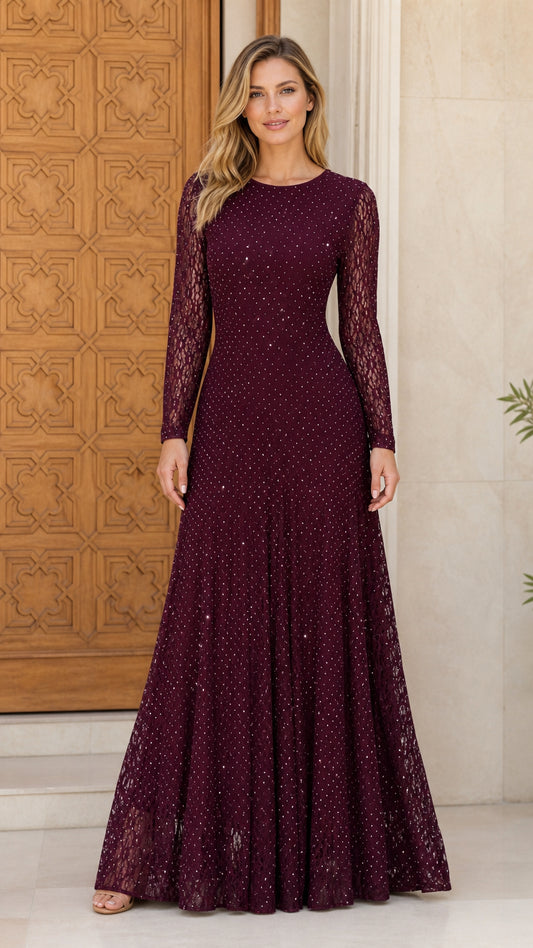 Burgundy sparkle lace long sleeve formal evening maxi dress front view