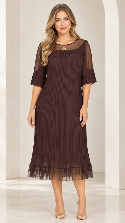 Front full-length view of woman wearing Coffee Brown sheer mesh rhinestone pleated midi dress