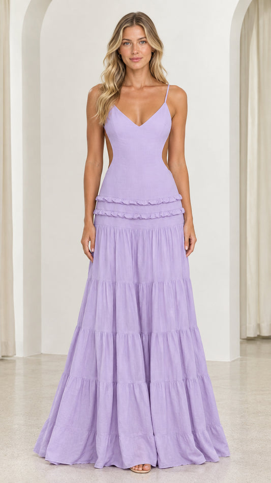 Front view of model wearing Lavender backless cutout tiered maxi dress