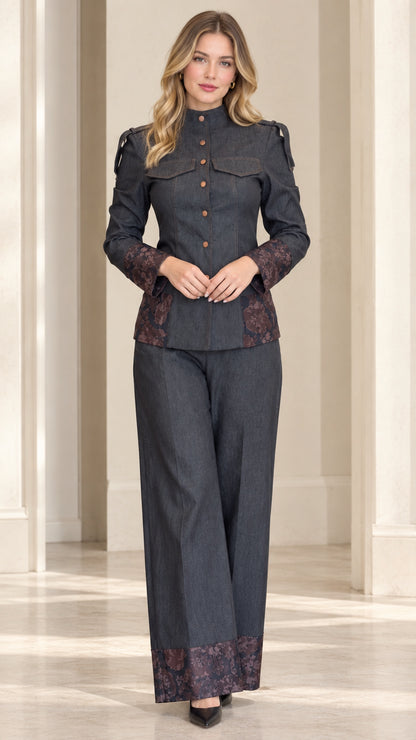 Full front view of charcoal grey mandarin collar jacket and wide-leg pantsuit set with floral jacquard trim