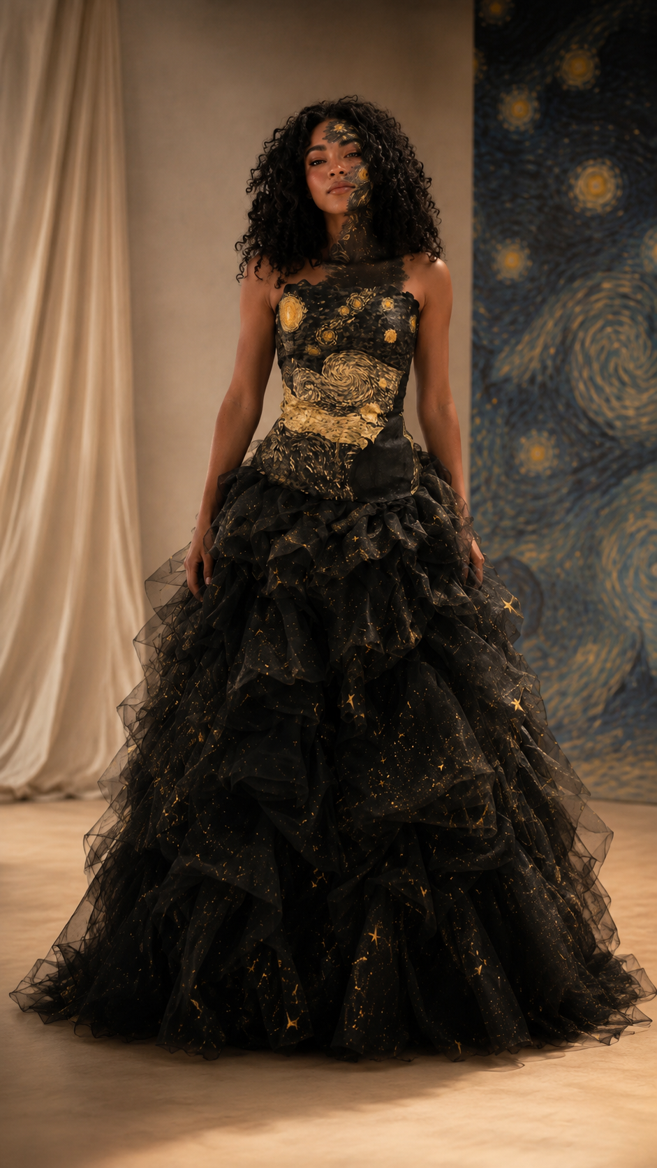 Black strapless ball gown with starry print bodice and layered ruffle maxi skirt front view