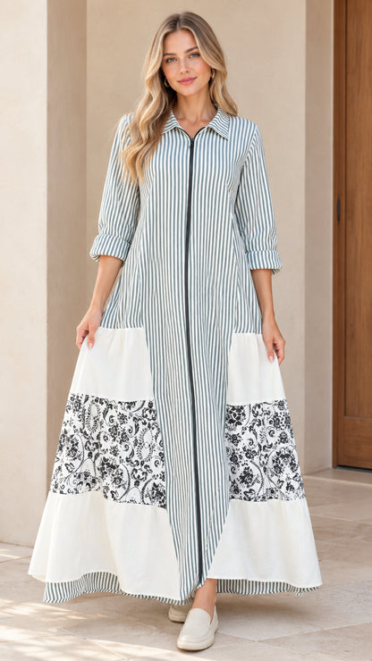 Full front view of women's sage green striped zip-front maxi shirt dress with floral patchwork panels