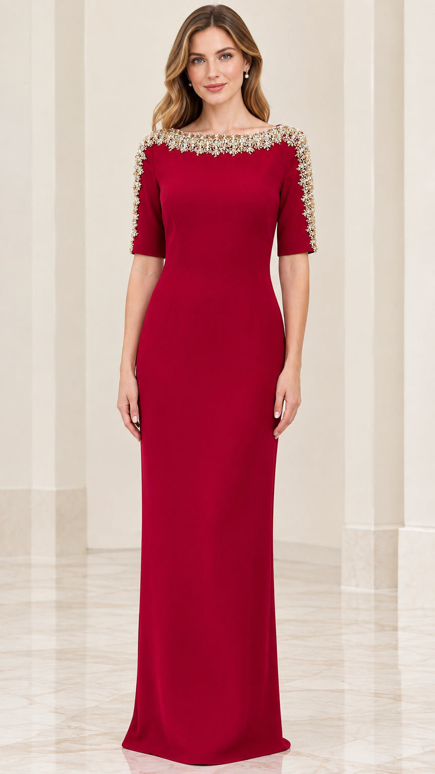 Front full-length view of model wearing burgundy embellished boat neck half sleeve evening gown
