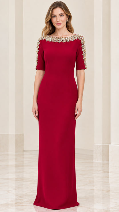 Front full-length view of model wearing burgundy embellished boat neck half sleeve evening gown